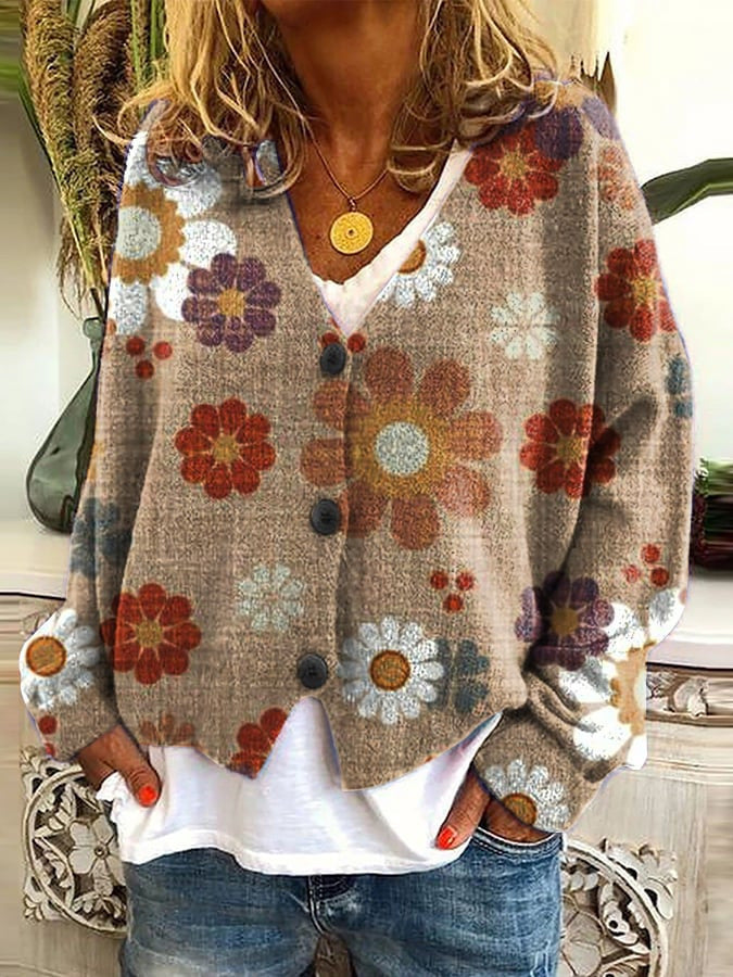 Floral Print Buttoned Casual Cardigan Sweater