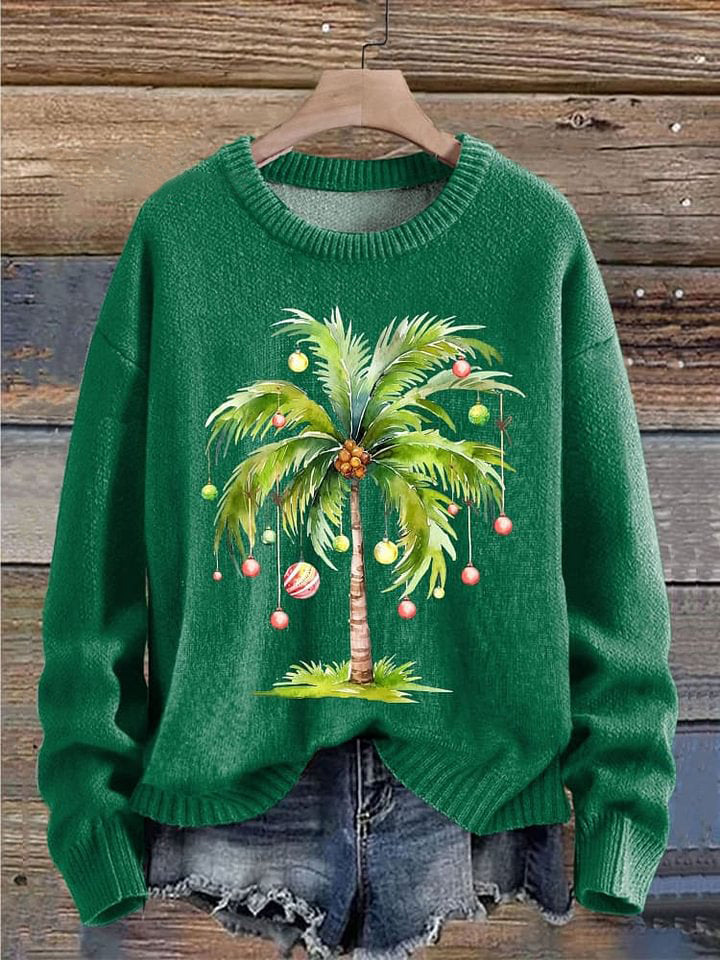Hawaii Christmas Tree Print Knit Pullover Sweater