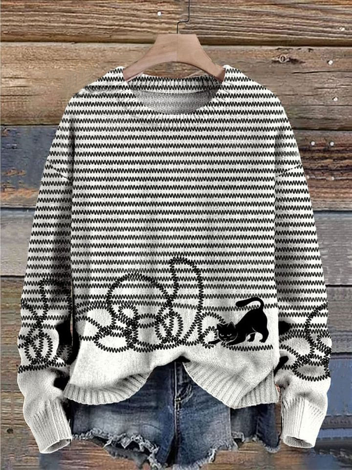 Cute Cat Print Knit Pullover Sweater