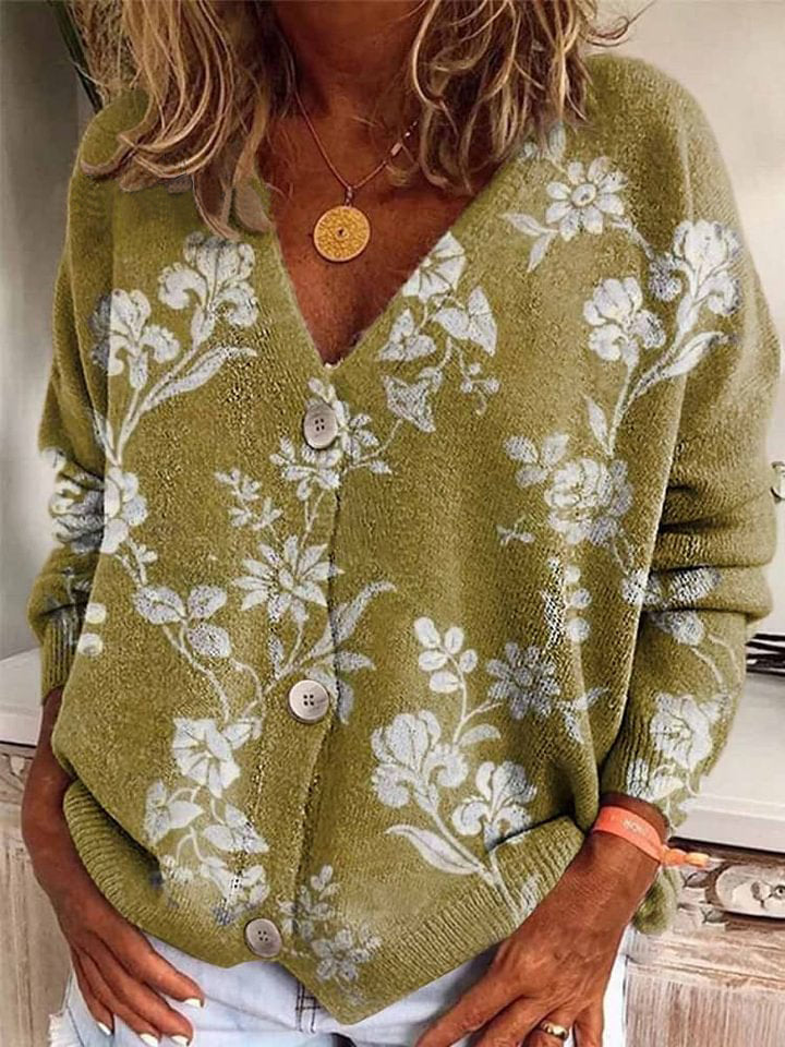 Printed Button V Neck Casual Cardigan