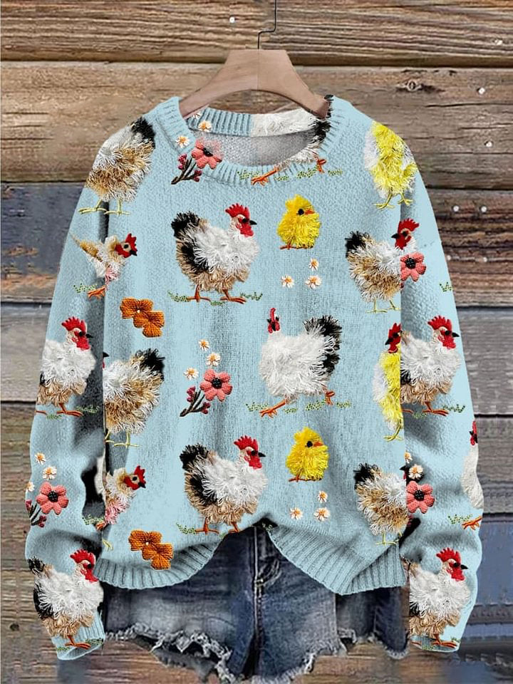 Farm Cute Animals Chicken Embroidery Simulation Print Knit Pullover Sweater