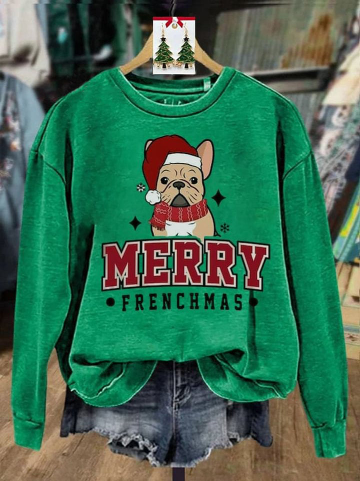Christmas Bulldog Merry Christmas Print Casual Sweatshirt