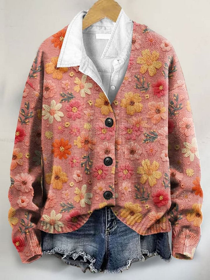 Vintage Floral Art Print Buttoned V-neck Cardigan Sweater