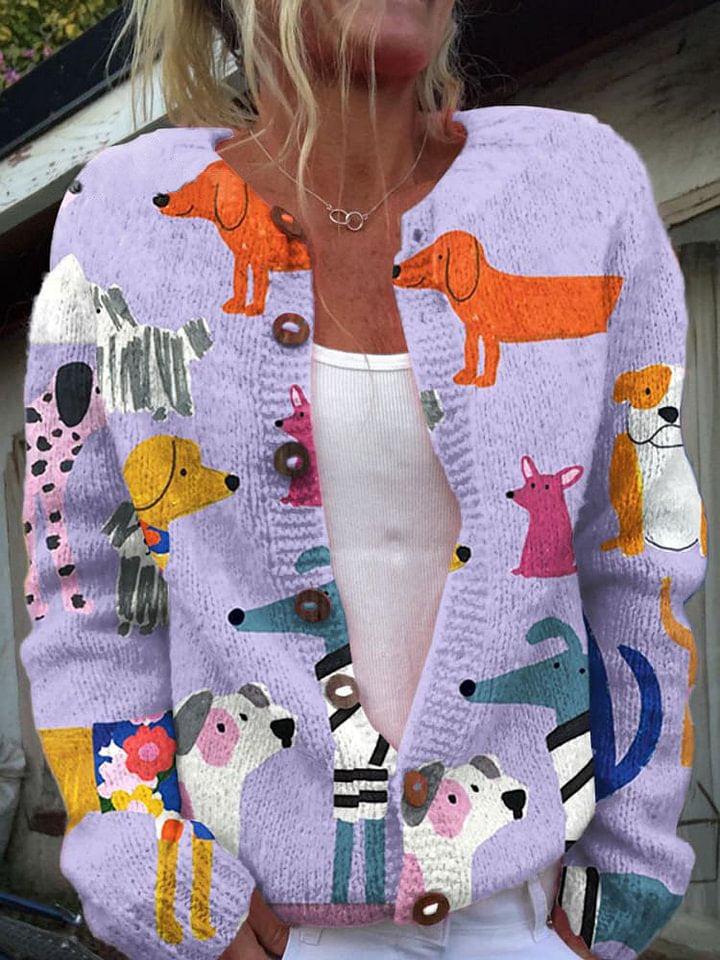 Dog Art Print Buttoned Cardigan Sweater