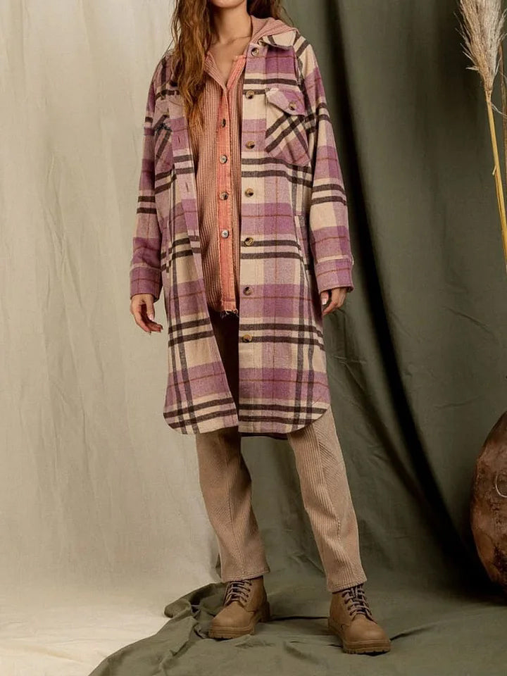 Stylish Lapel Big Pocket Long Sleeve Plaid Jacket Cardigan