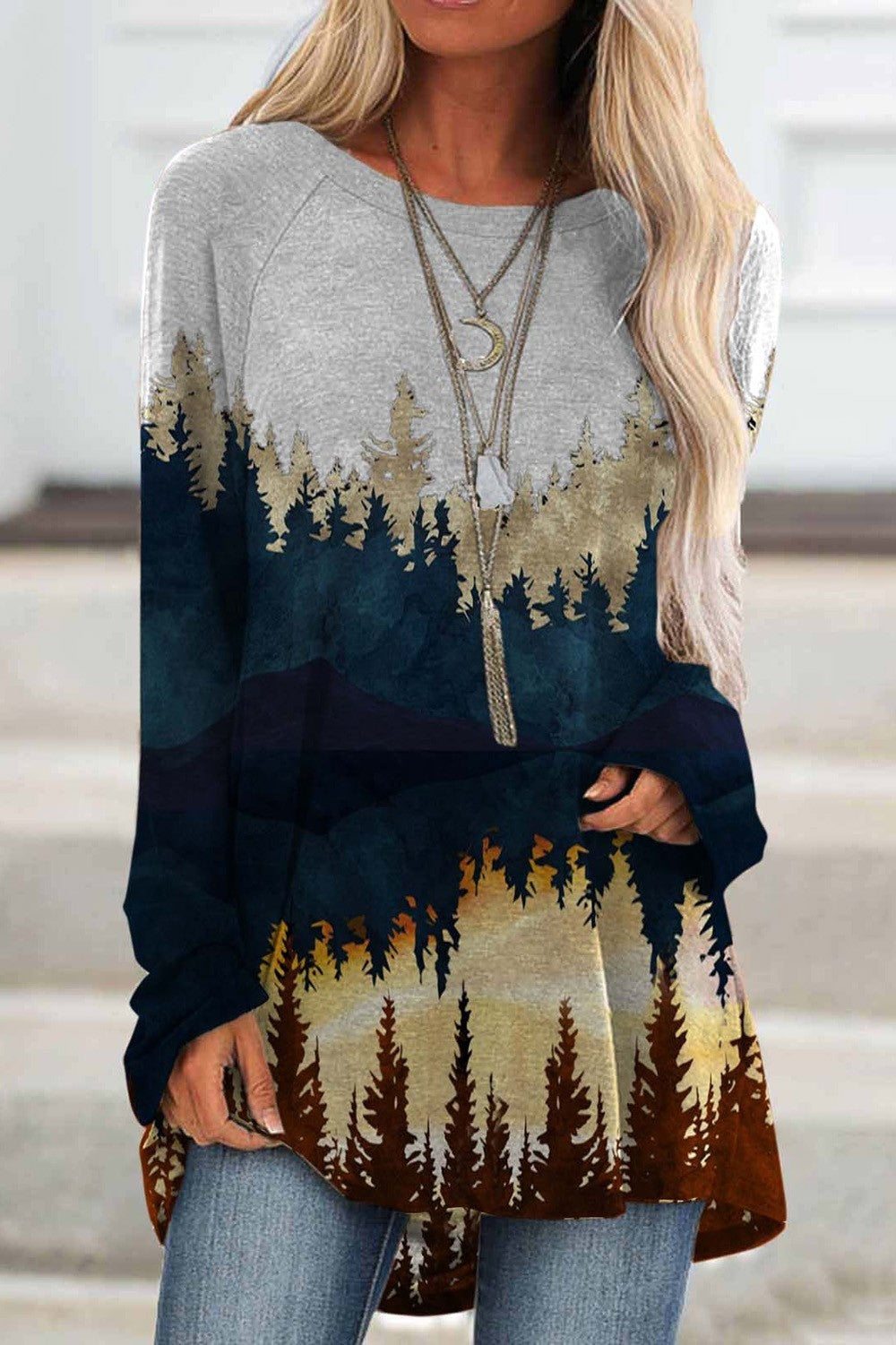 Landscape Print Round Neck Long Sleeves Sweatshirt