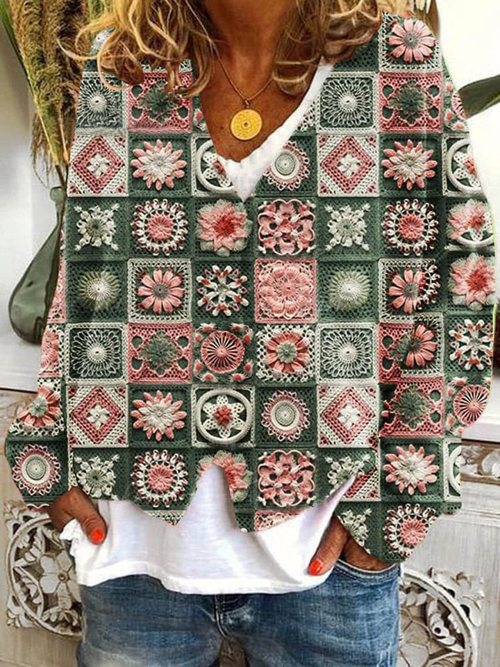 Flower Pattern Art Print Buttoned V-neck Cardigan Sweater