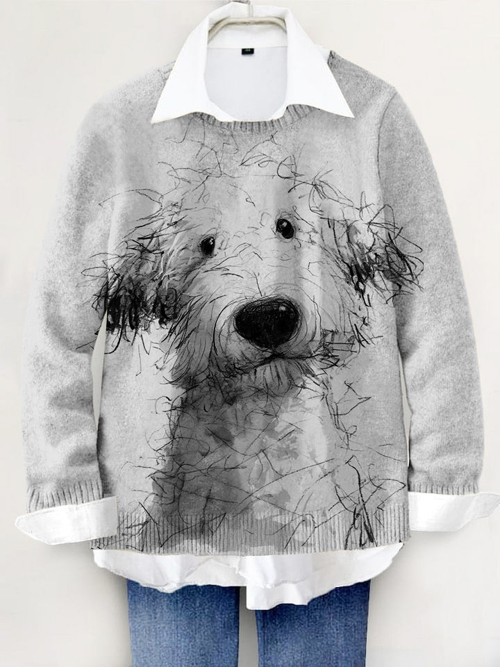 Cute Dog Hand-painted Art Print Knit Pullover Sweater