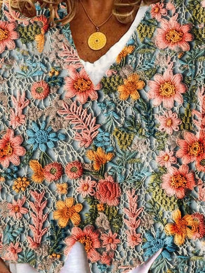 Flower Pattern Art Print Buttoned V-neck Cardigan Sweater