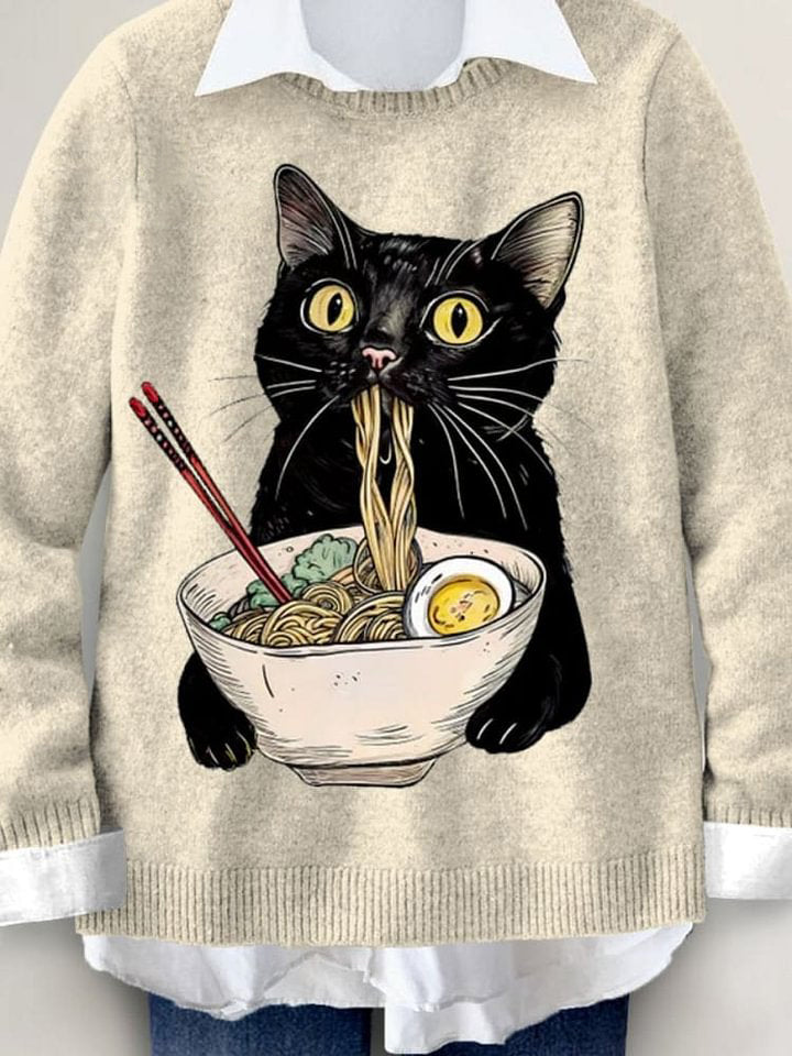 Nooddle Black Cat Art Print Knit Pullover Sweater