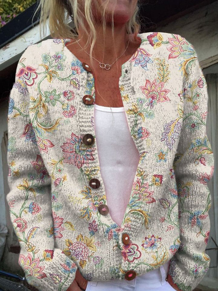 Art Flower Print Buttoned Cardigan Sweater