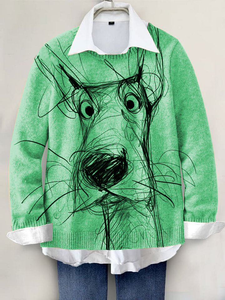 Cute Dog Hand-painted Art Print Knit Pullover Sweater