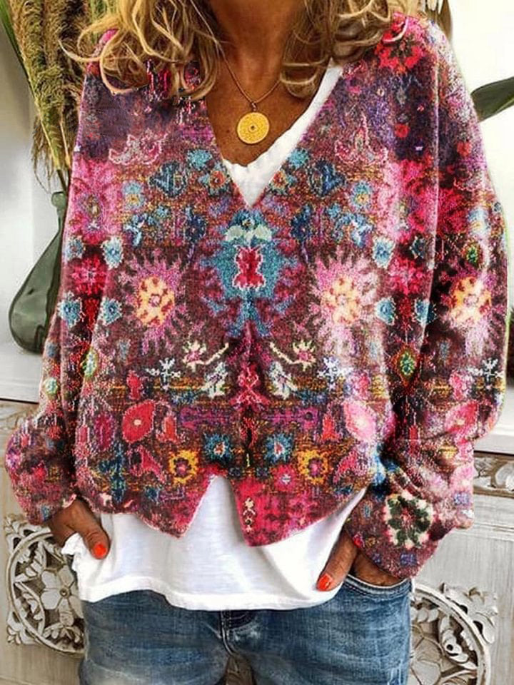 Flower Pattern Art Print Buttoned V-neck Cardigan Sweater