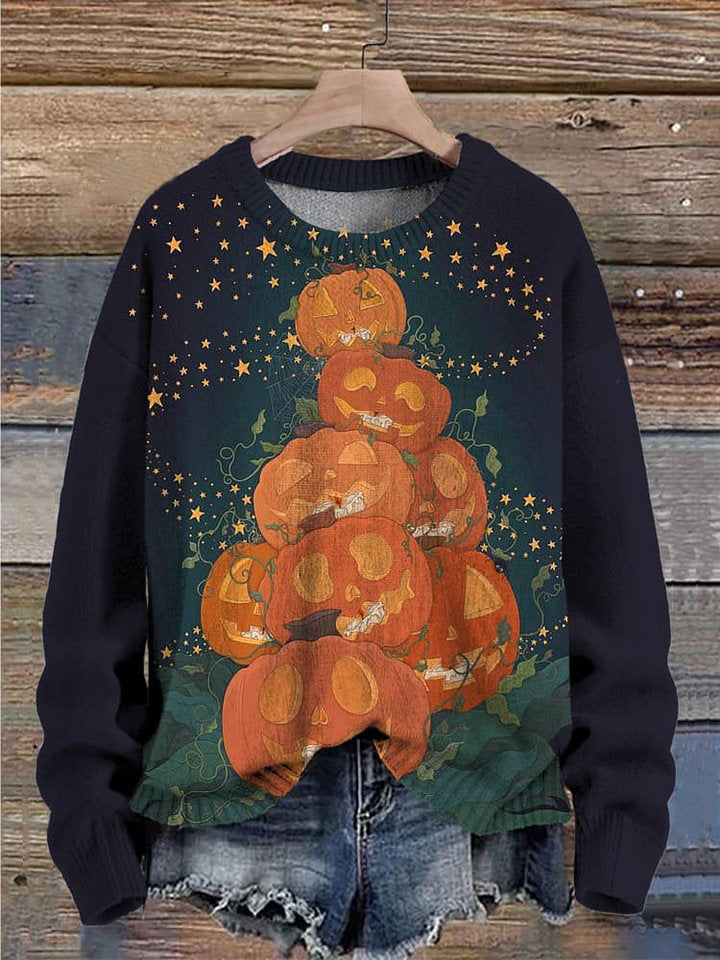 Halloween Pumpkin Stack Art Printed Knit Pullover Sweater