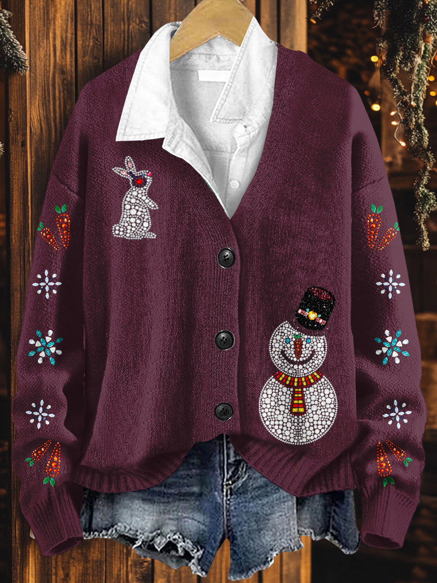 Christmas Art Print Button V Neck Cardigan Sweater