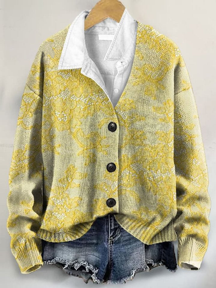 Vintage Lace Floral 3D Art Print Buttoned V-neck Cardigan Sweater