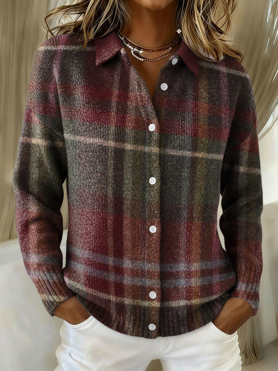 Vintage Classic Plaid Pattern Casual Shirt Collar Long Sleeve Sweater