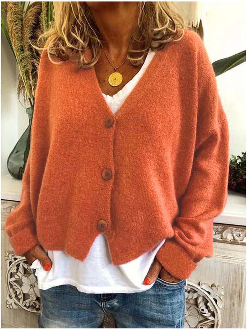 Women's Solid Color Buttoned Casual Cardigan Sweater