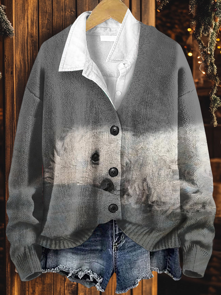 Dog Art Print Button V Neck Cardigan Sweater