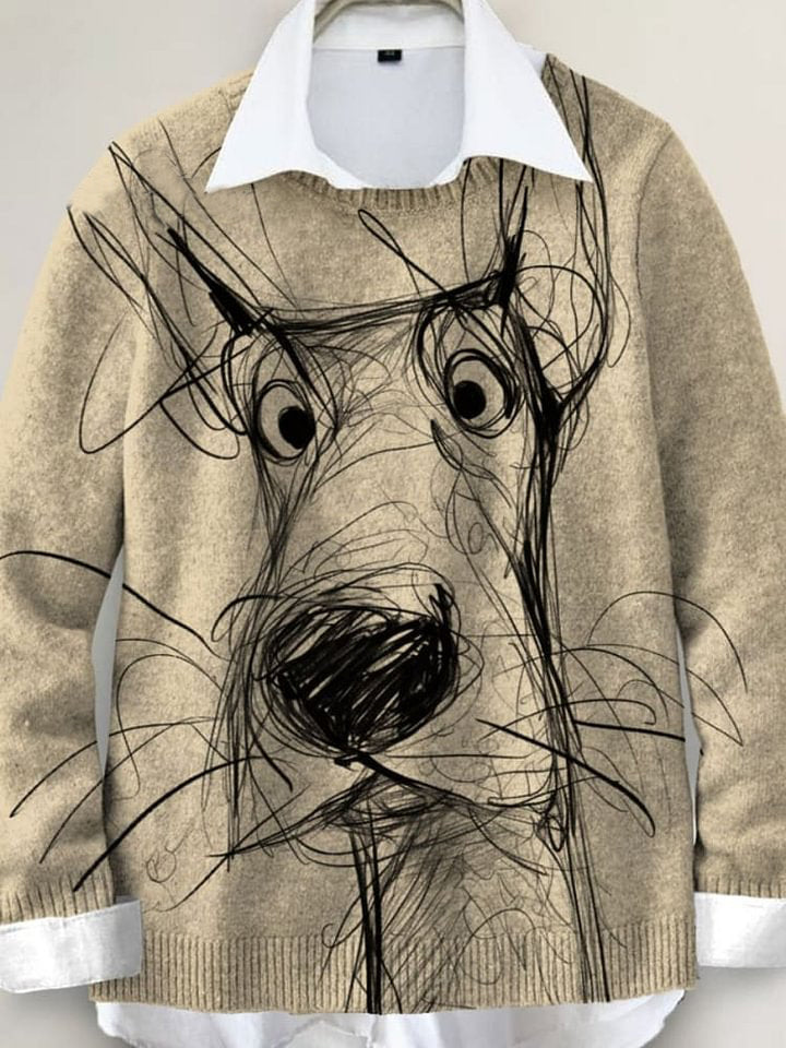 Cute Dog Hand-painted Art Print Knit Pullover Sweater