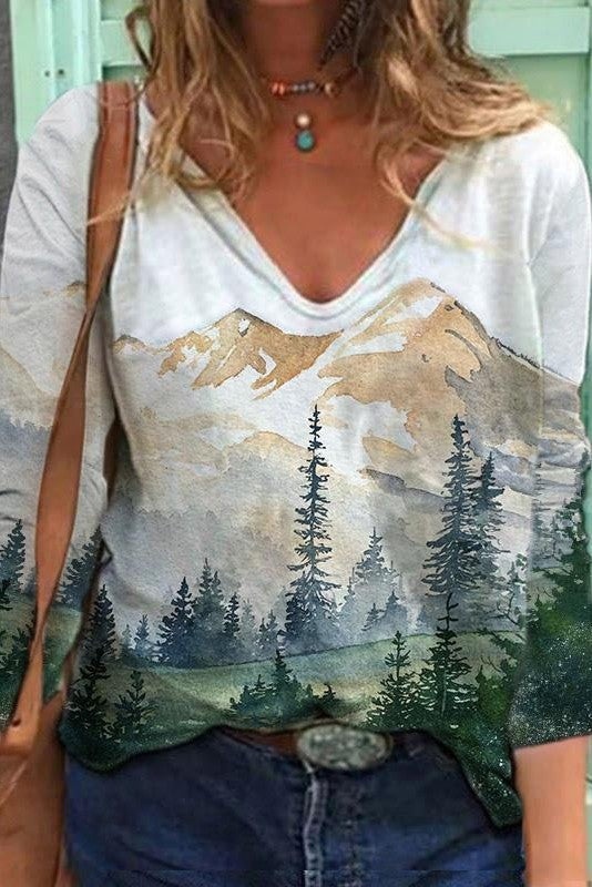 Landscape Print V-neck Long Sleeves Sweatshirt