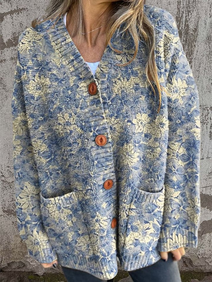 Vintage Lovely Floral Art Print Buttoned Cardigan Sweater