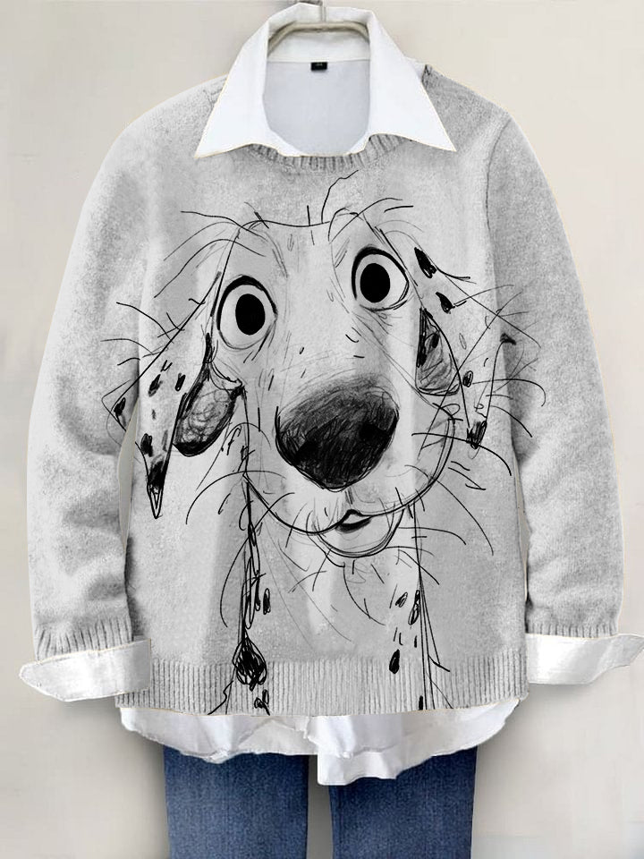 Cute Dog Hand-painted Art Print Knit Pullover Sweater