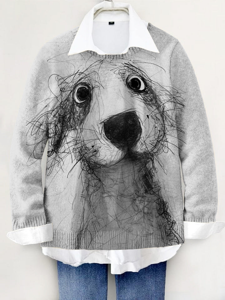 Cute Dog Hand-painted Art Print Knit Pullover Sweater