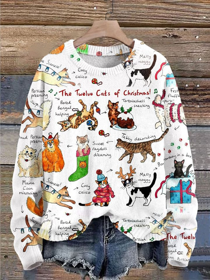The Twelve Cats Of Christmas Funny Cat Christmas Print Knit Pullover Sweater