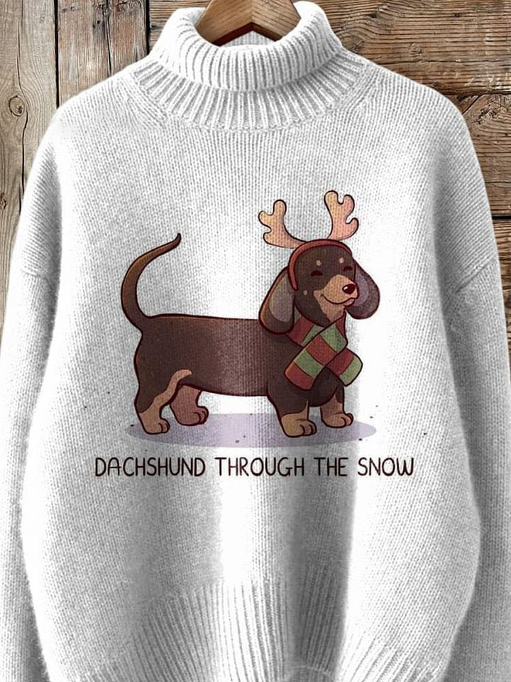 Funny Christmas Dachshund Dog Graphic Printed Knit Turtleneck Pullover Sweater