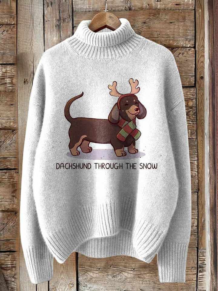 Funny Christmas Dachshund Dog Graphic Printed Knit Turtleneck Pullover Sweater