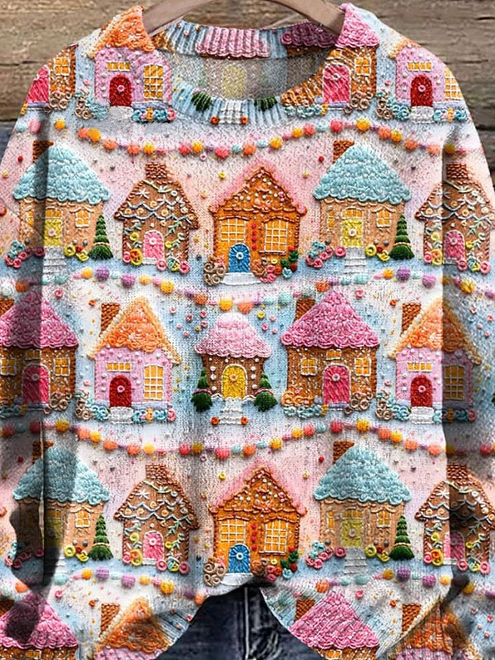 Embroidered Gingerbread Houses Christmas Holiday Print Knit Pullover Sweater
