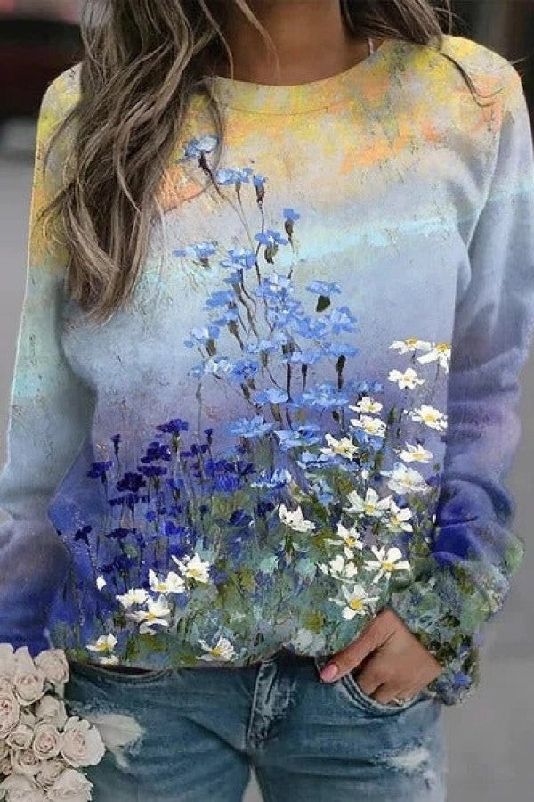 Floral Print Gradient Color Long Sleeves Sweatshirt