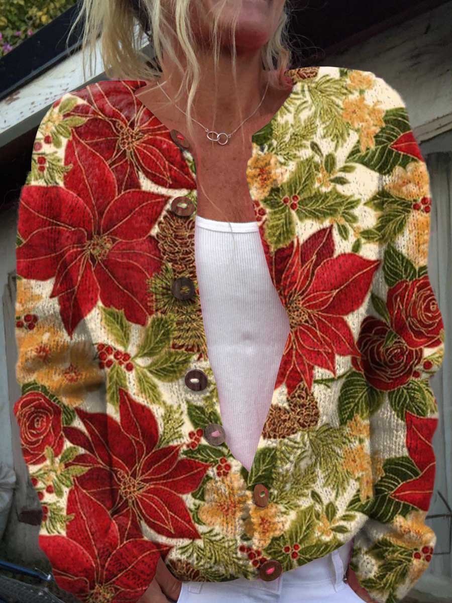 Christmas Art Print Buttoned Cardigan Sweater