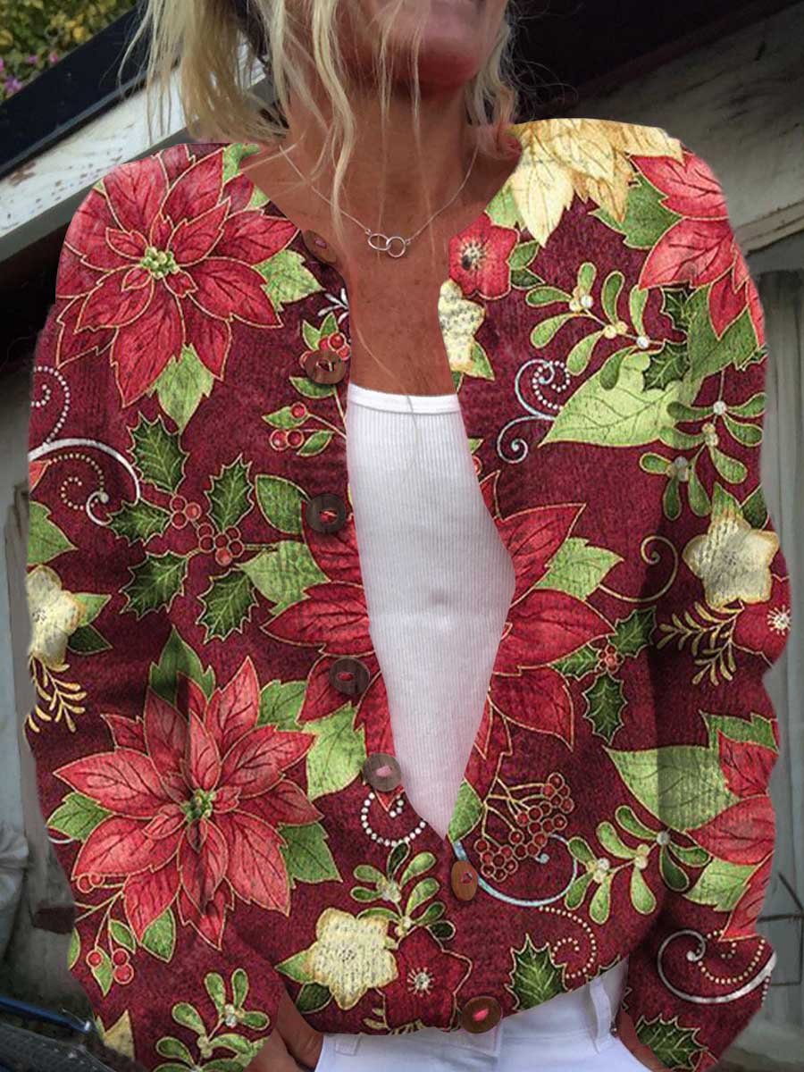 Christmas Art Print Buttoned Cardigan Sweater