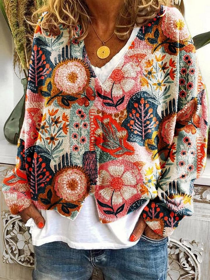 Flower Pattern Art Print Buttoned V-neck Cardigan Sweater