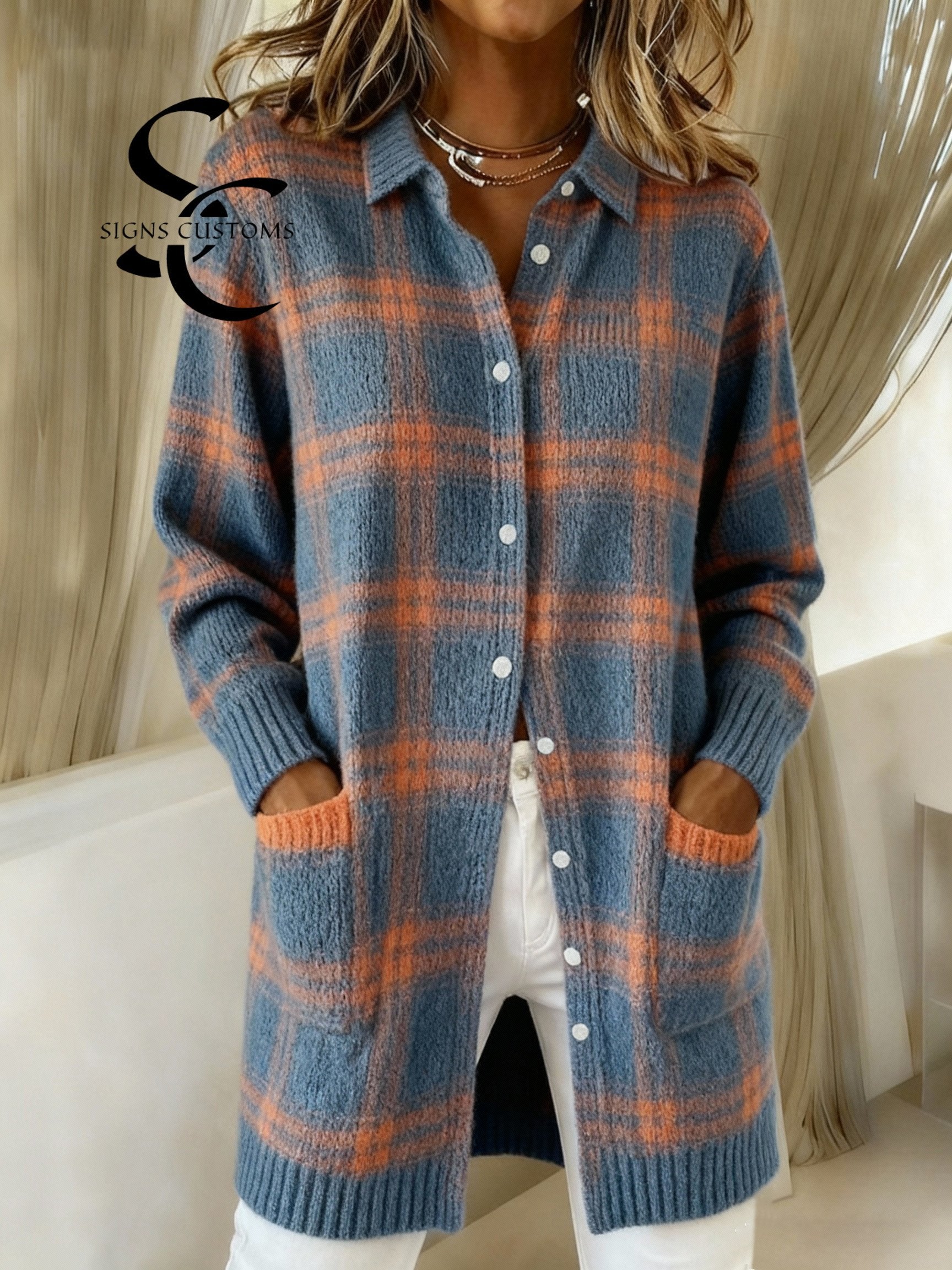 Women's Plaid Print Casual Cotton Buttoned Cardigan Sweater