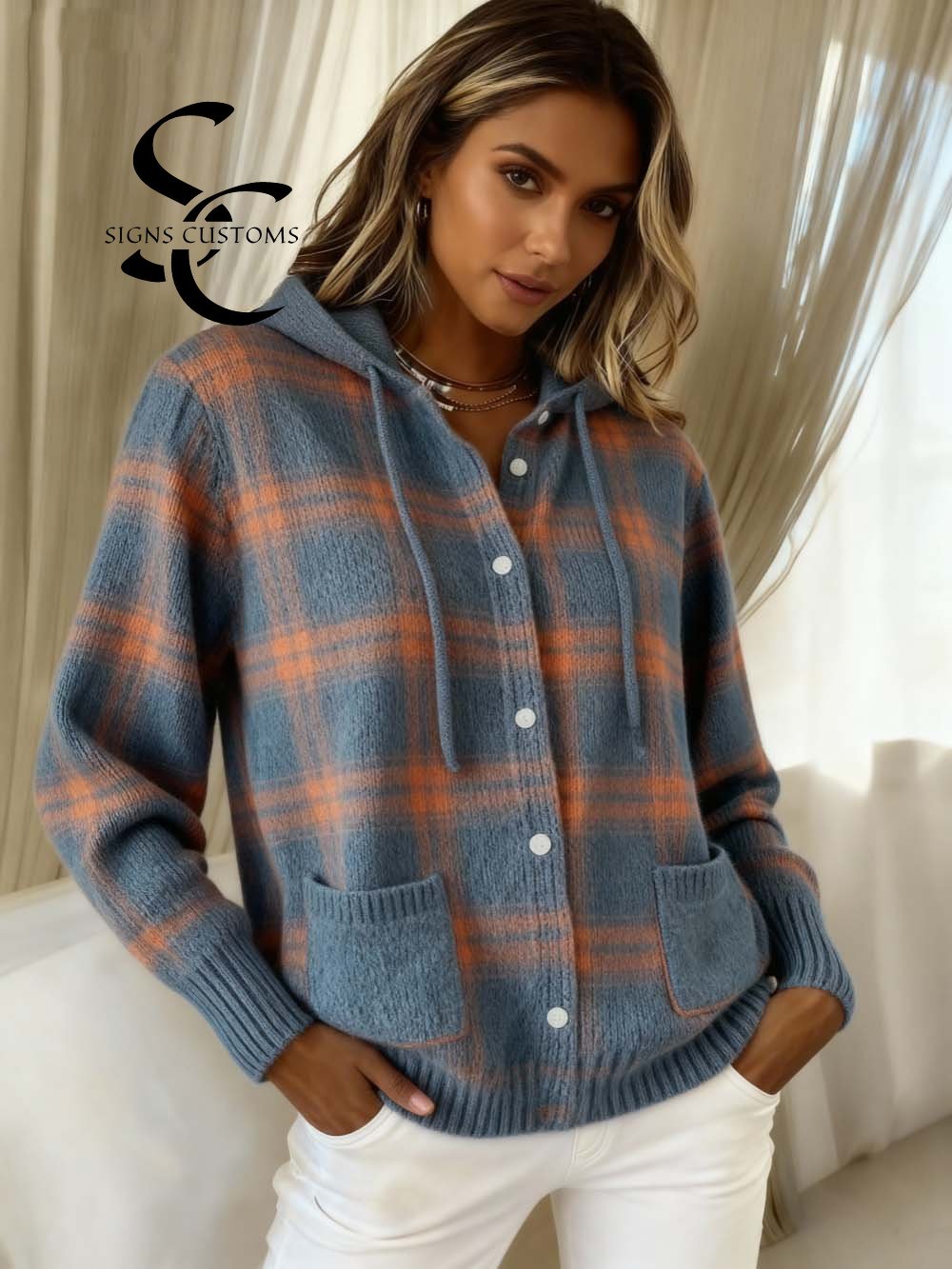 Women's Plaid Print Casual Cotton Buttoned Cardigan Sweater with Pockets