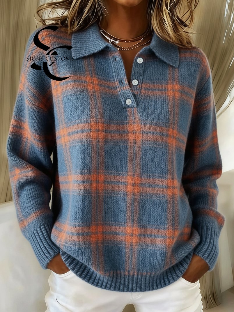 Casual Contrast Plaid Polo Collar Button-down Sweater Top