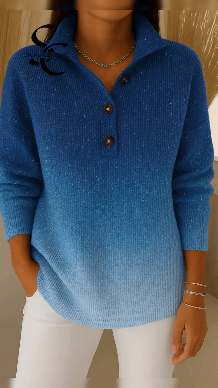 Women's Gradient Print Collared Long Sleeve Casual Loose Sequined Knit Cardigan