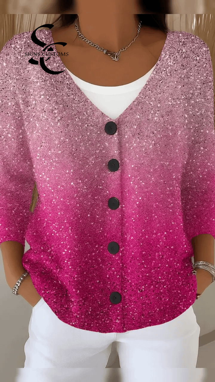 Women's Gradient Print V-Neck Long Sleeve Casual Loose Sequined Top