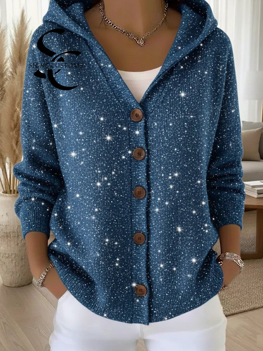 Casual Christmas Party Glitter Button Hooded Cardigan Sweater