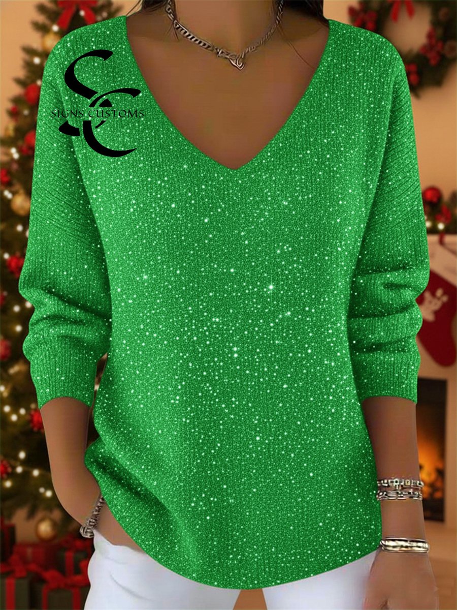 Women's V-neck Solid Color Loose Shiny Sweater