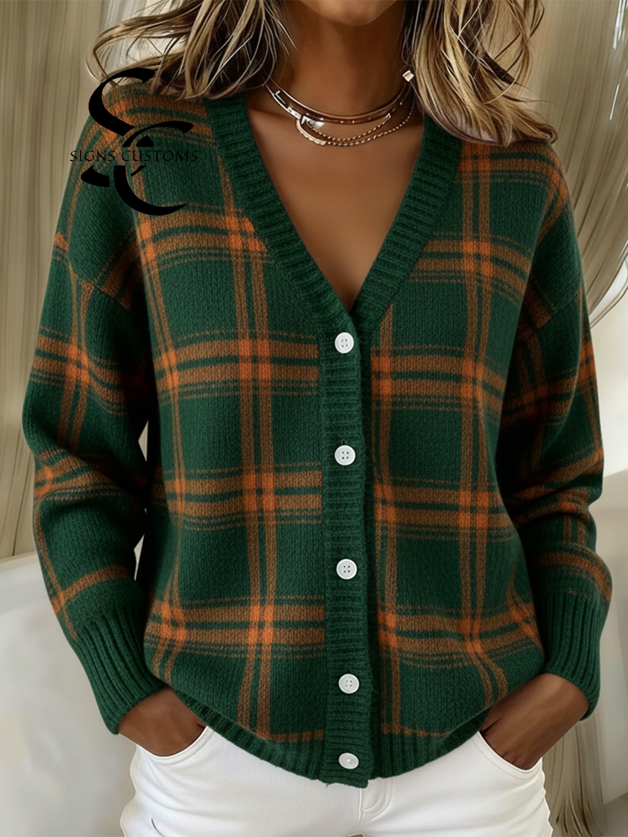 Retro Soft Plaid Contrast Color V-Neck Button Knit Cardigan