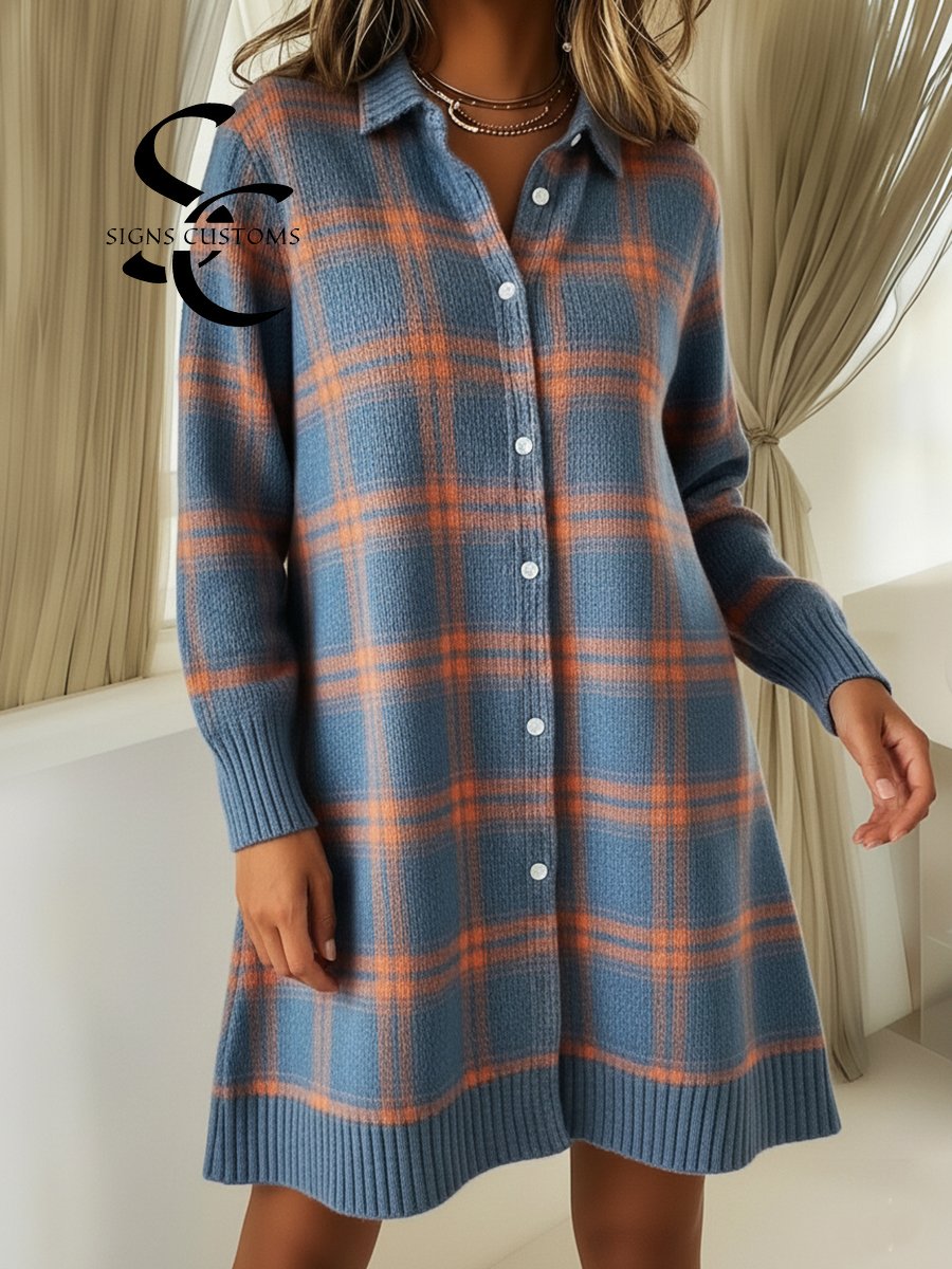Retro Polo Collar Button-down Plaid Print A-line Knitted Dress