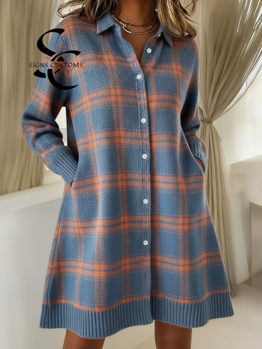 Retro Polo Collar Button-down Plaid Print A-line Knitted Dress