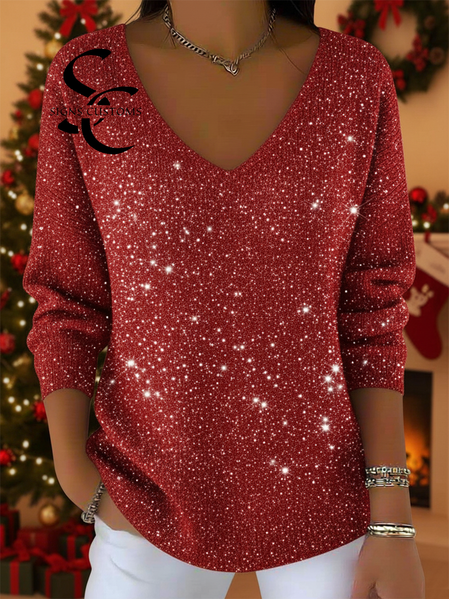 Women's V-neck Solid Color Loose Shiny Sweater