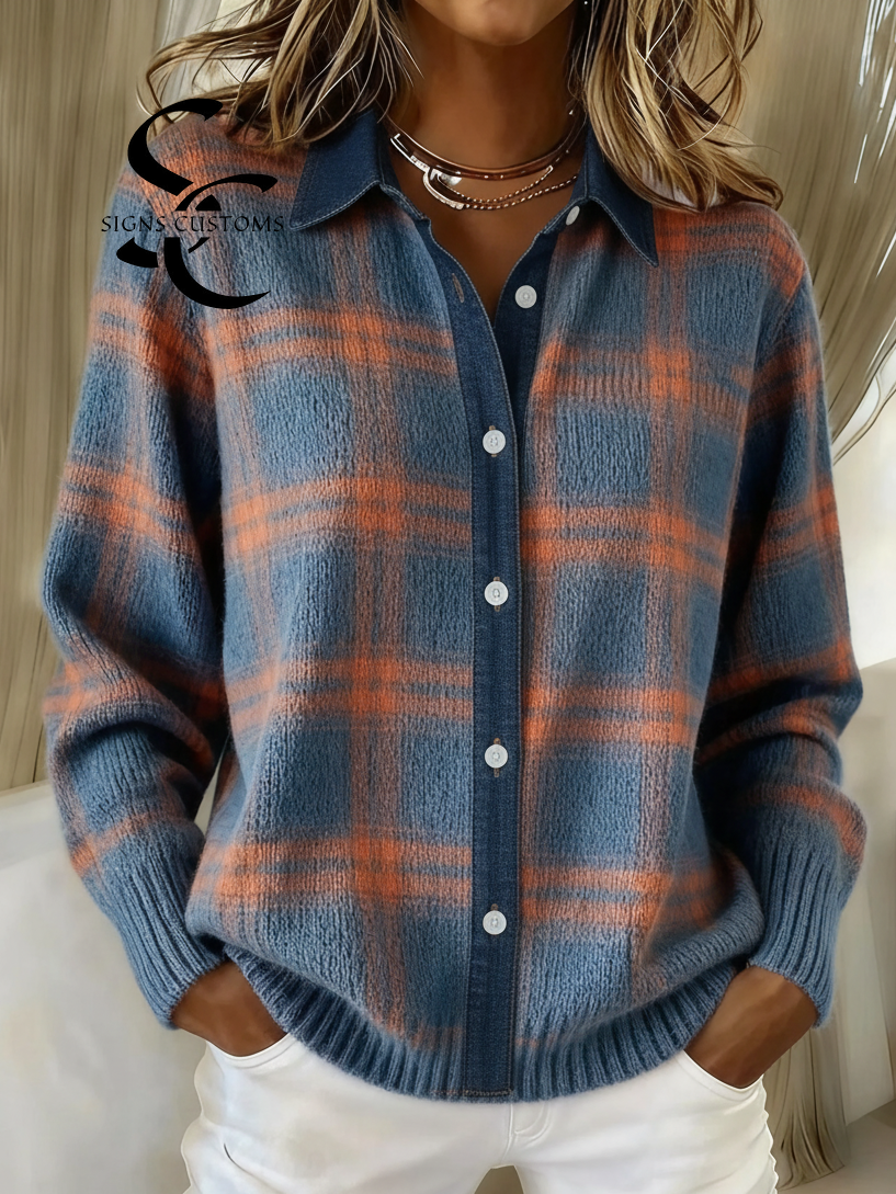 Denim Patchwork Contrast Plaid Polo Collar Button Cardigan Sweater