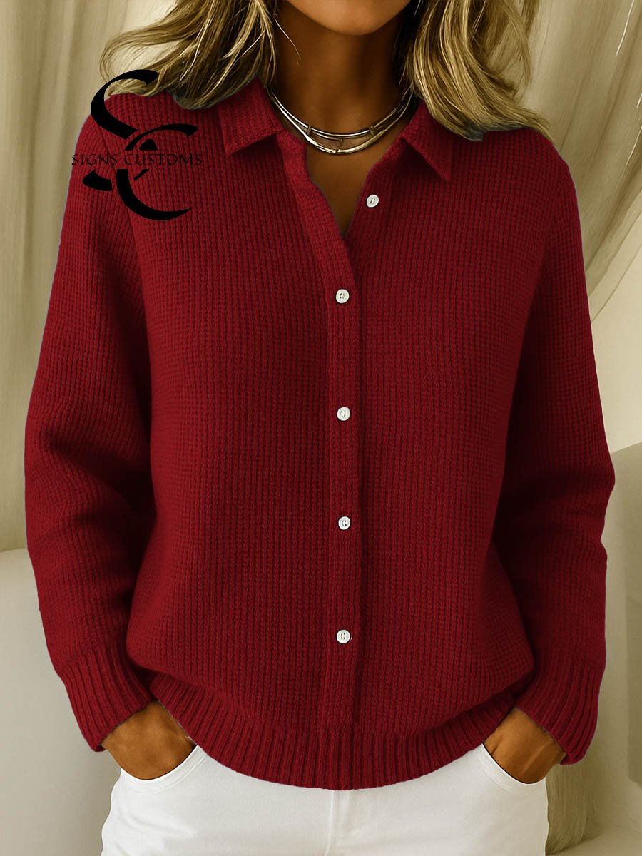 Women's Solid Color Shirt Collar Long Sleeve Waffle Knit Cardigan
