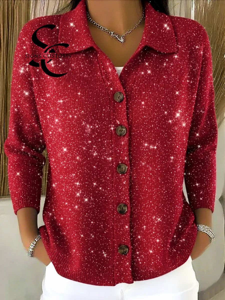 Casual Christmas Party Shirt Collar Button Shiny Cardigan Sweater